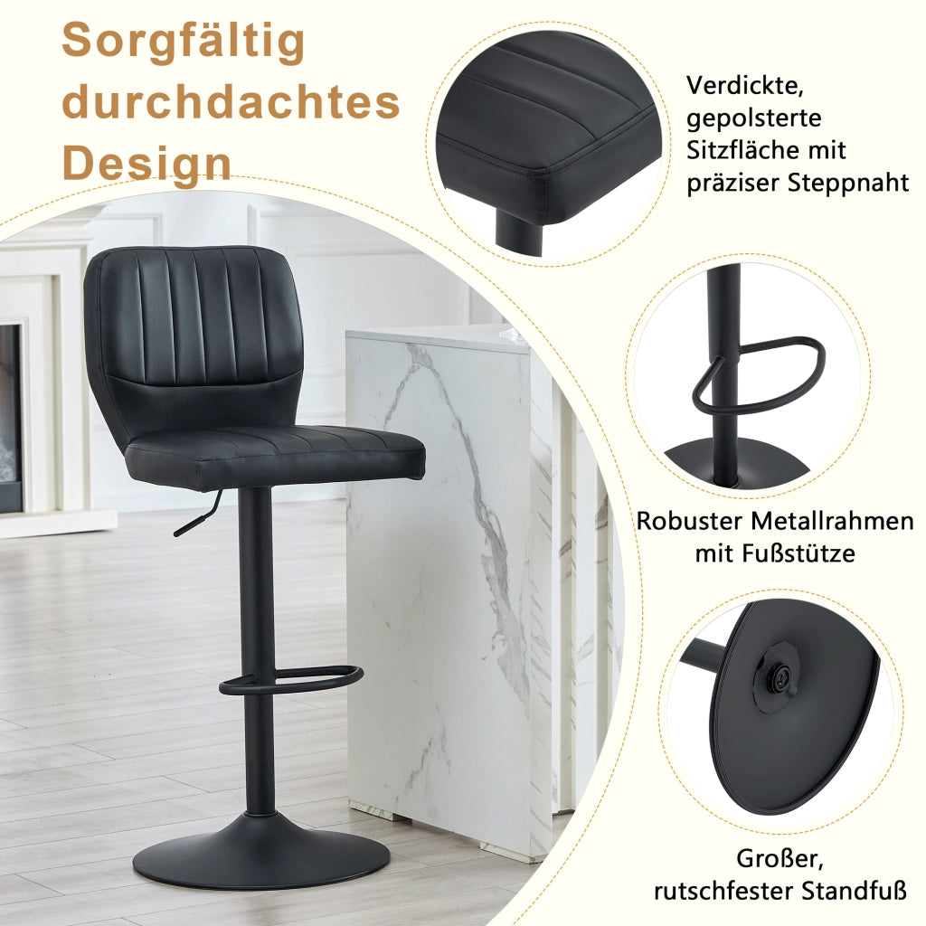 Sgabello da Bar Girevole Regolabile in Altezza con Schienale Ergonomico e Poggiapiedi, in PU e Metallo Nero