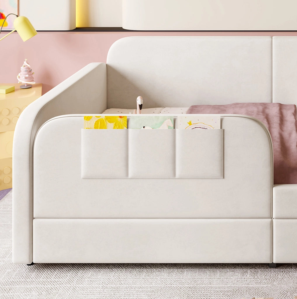 Letto singolo imbottito ULEVR 90x200 cm con 2 cassetti e tasche laterali, velluto bianco