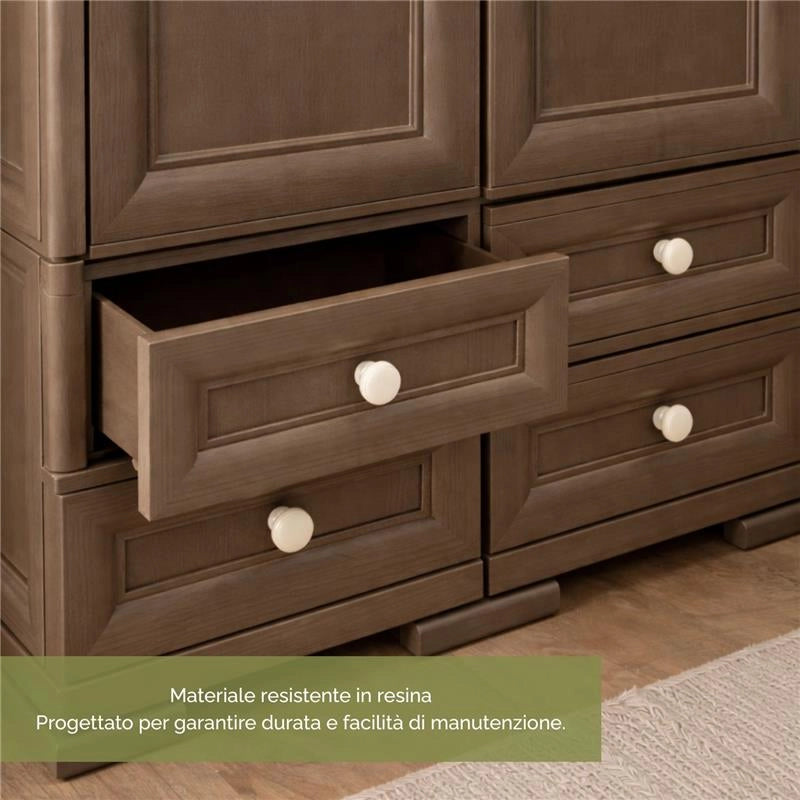 ARMADIO GUARDAROBA IN RESINA CON 2 ANTE, APPENDIABITI E 4 CASSETTI – ARMADIO MULTIUSO EFFETTO LEGNO PER ORGANIZZAZIONE CASA MARRONE