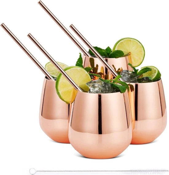 4 Calici in Vetro Inossidabile a Roségouden Senza Steli in Metallo e Spazzola per Pulizia - Set di Regalo Doppio Strato Solido e Resistente - 350 ml