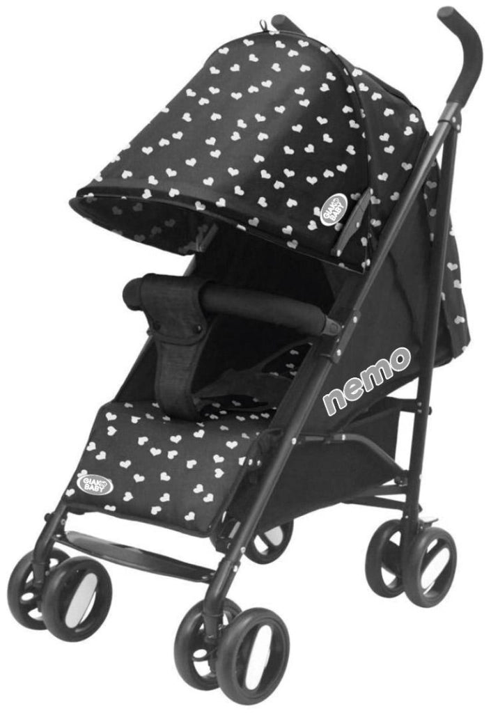 Passeggino Leggero per Bambini Pieghevole con Borsa Nemo Nero con Cuori