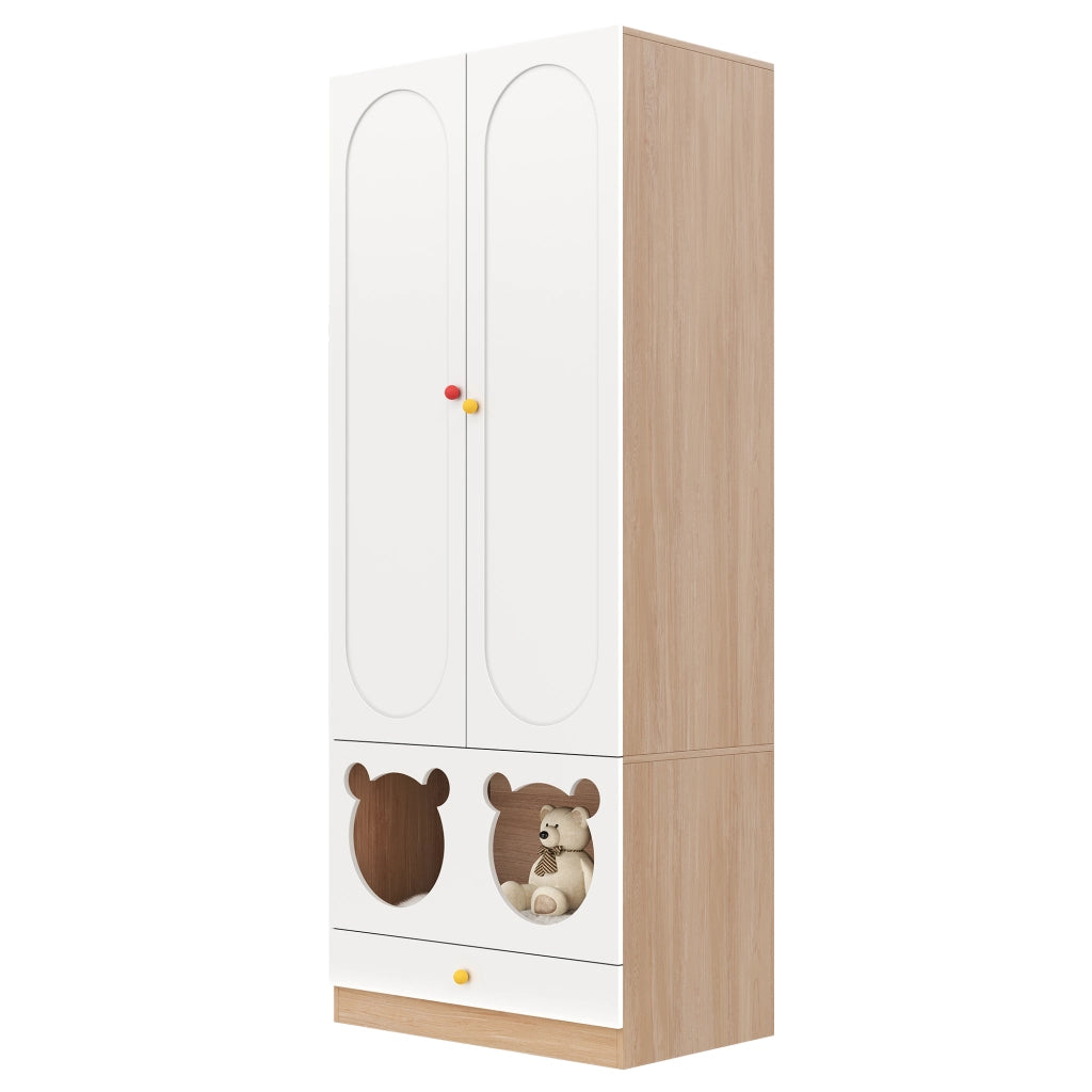 Armadio a 2 ante con asta appendiabiti e cassetti, per camera dei bambini, in MDF, bianco naturale, 80 × 50 × 200 cm