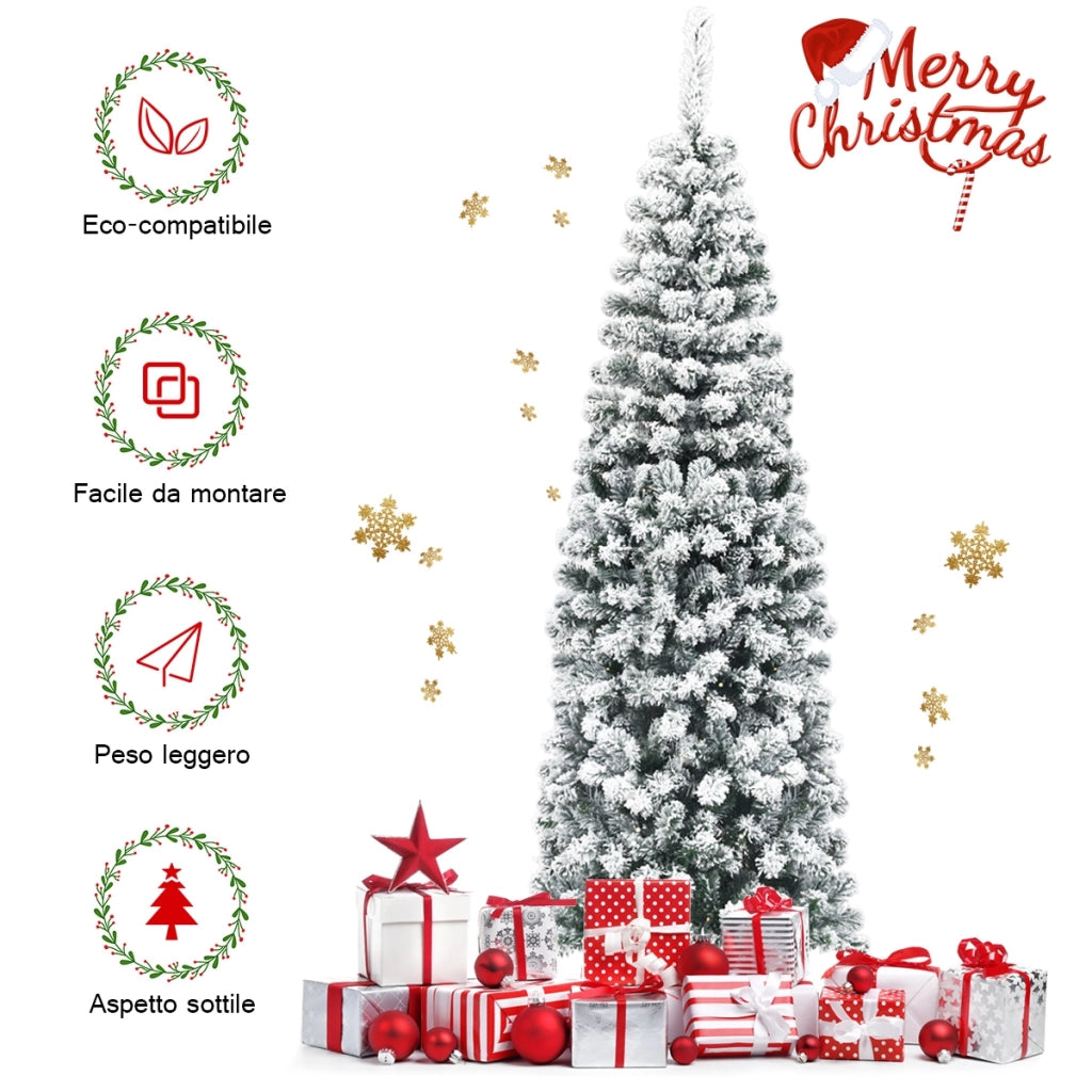 Albero di Natale slanciato 180 cm, Abete artificiale innevato con base flessibile e foglie spesse-Alberi di Natale