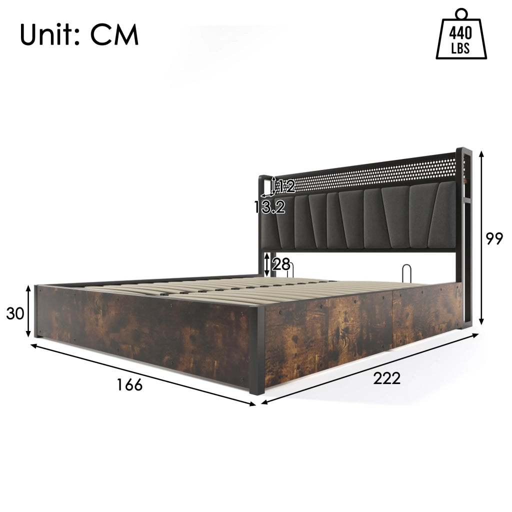 Letti contenitori 160x200 cm; testiera LED con prese USB; lino grigio (Senza materasso)
