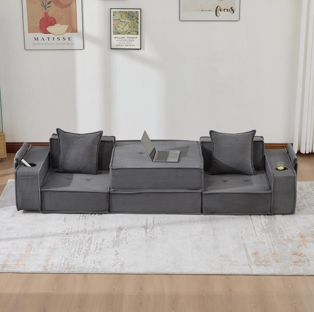 Divano 2 posti ULEVR 162x78x66 cm in velluto a coste grigio scuro con 2 cuscini e tasche laterali