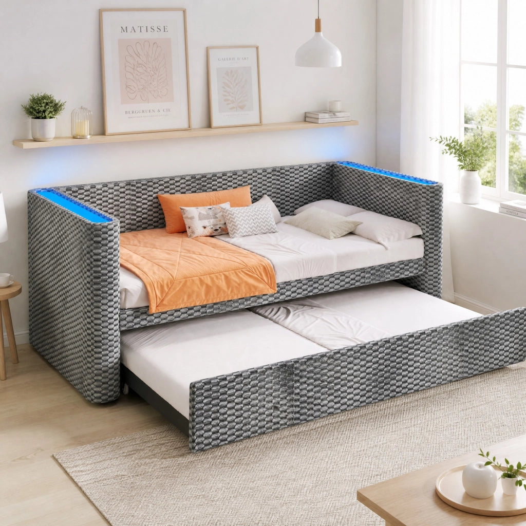 DESMIU Divano letto 90 × 200 cm 2 posti con LED, 180 × 200 cm, senza materasso, in velluto, grigio