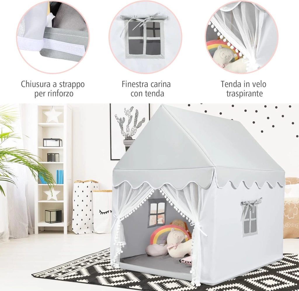 Tenda da Gioco per Bambini, Casetta per Bambini con Struttura in Solido Legno, Tappetino di Cotone, Tenda a Rete e Finestre, 105x120x140 cm (grigio)