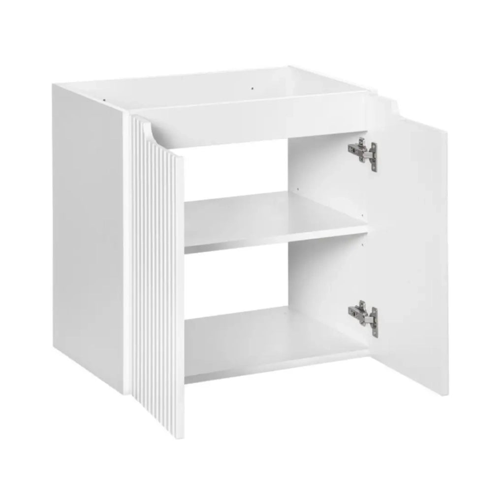 Ensemble VANO bianco 60cm: mobile sottolavabo con ante + piano per lavabo bianco + lavabo da appoggio scanalato bianco