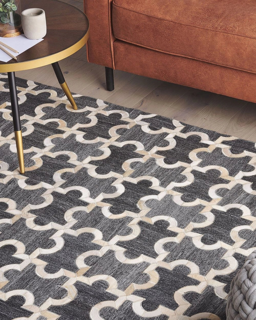 Tappeto tappetino Grigio e Beige Pelle di vacchetta Jacquard Puzzle Motivo Geometrico Retro 140 x 200 cm