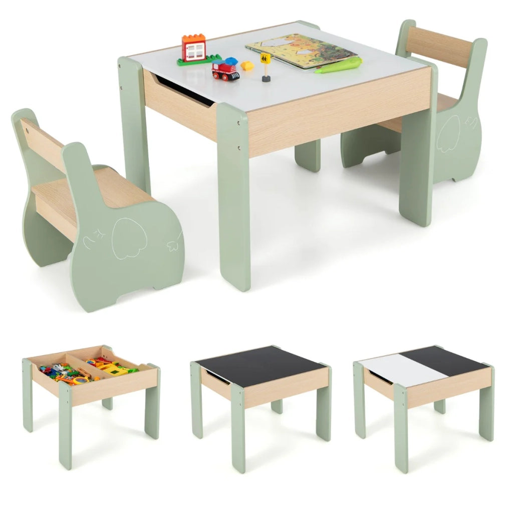 Set composto da 1 tavolo da attività 63,5 x 61,5 x 48 cm e 2 sedie ergonomiche con struttura stabile motivo elefante MDF verde 20_0009920