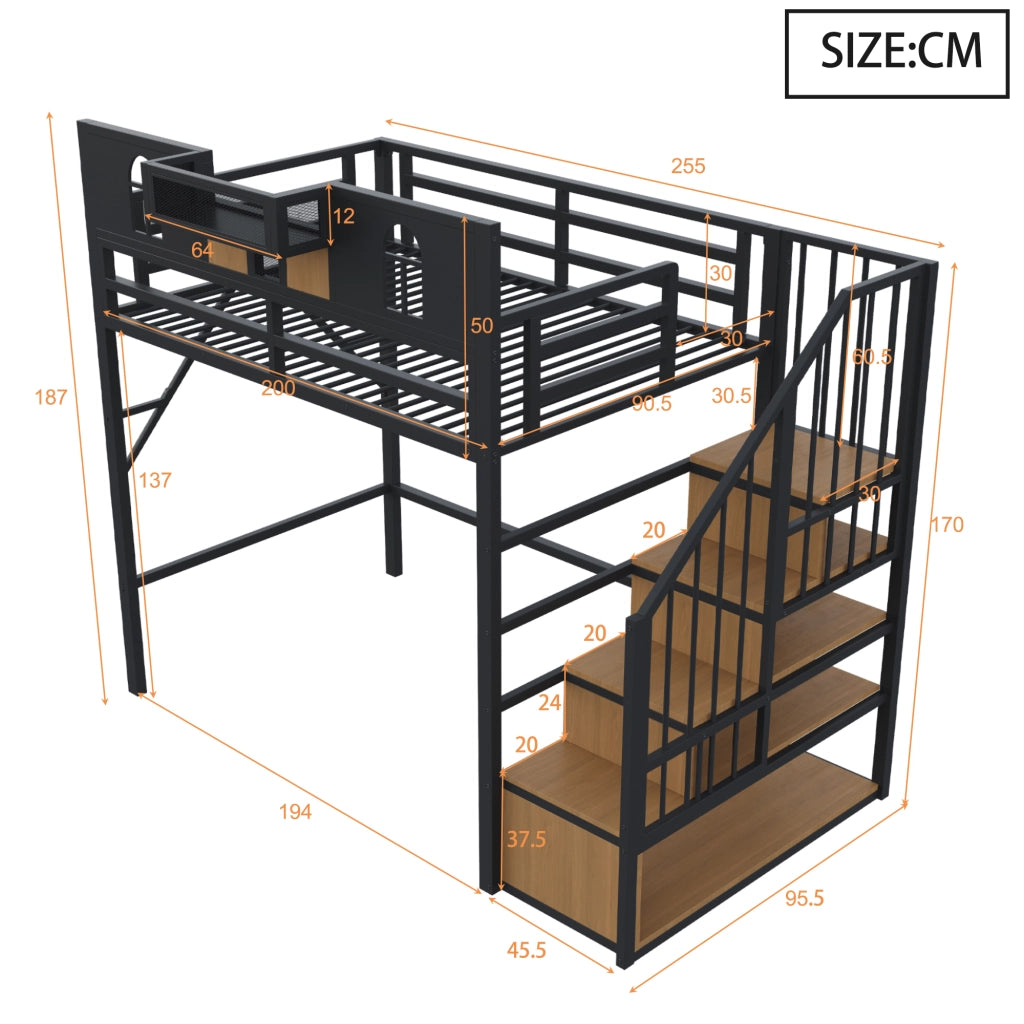 Letto a soppalco in metallo 90 x 200 cm con scala contenitore, mensola, illuminazione e struttura in MDF e metallo, nero