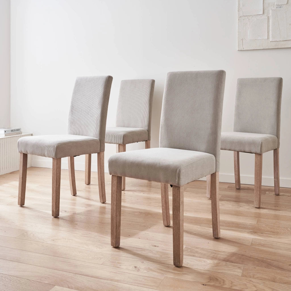 Set di 4 sedie in velluto a coste con gambe in legno ceruleo, grigio