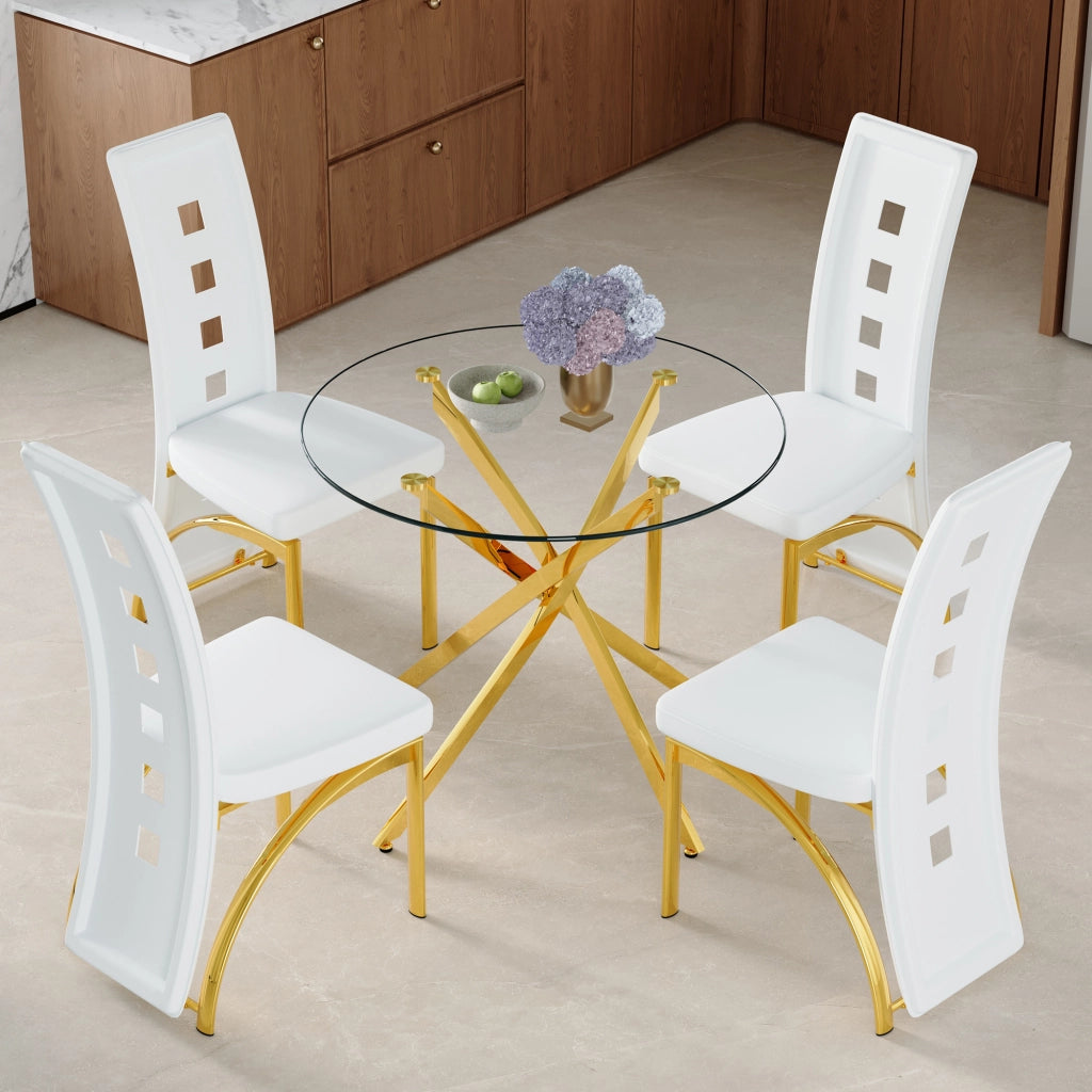 Set tavolo da pranzo e sedie con 1 tavolo rotondo e 4 sedie; vetro temperato; metallo e similpelle bianco e oro