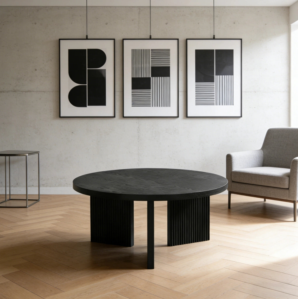 Tavolino da caffè rotondo in MDF nero con design scanalato