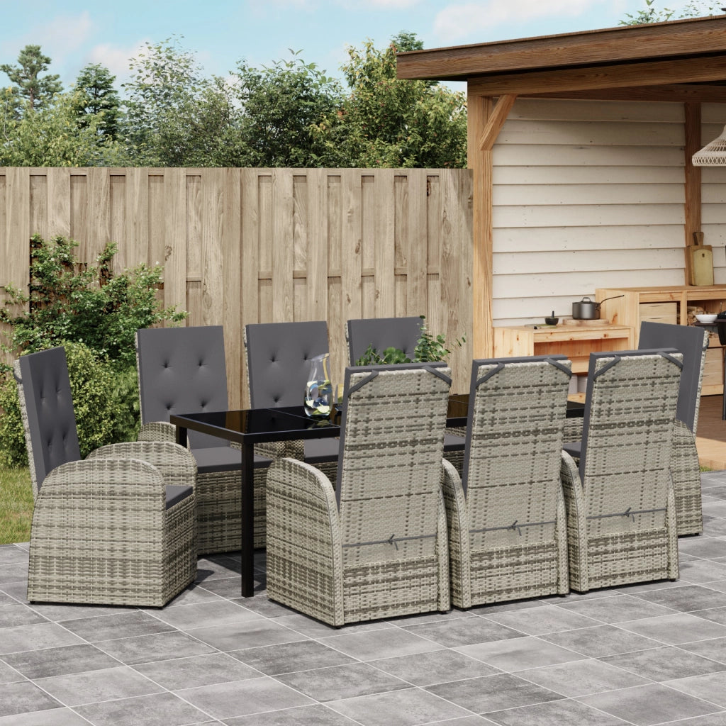 Set da pranzo da giardino 9 pezzi con cuscini in polyrattan grigio