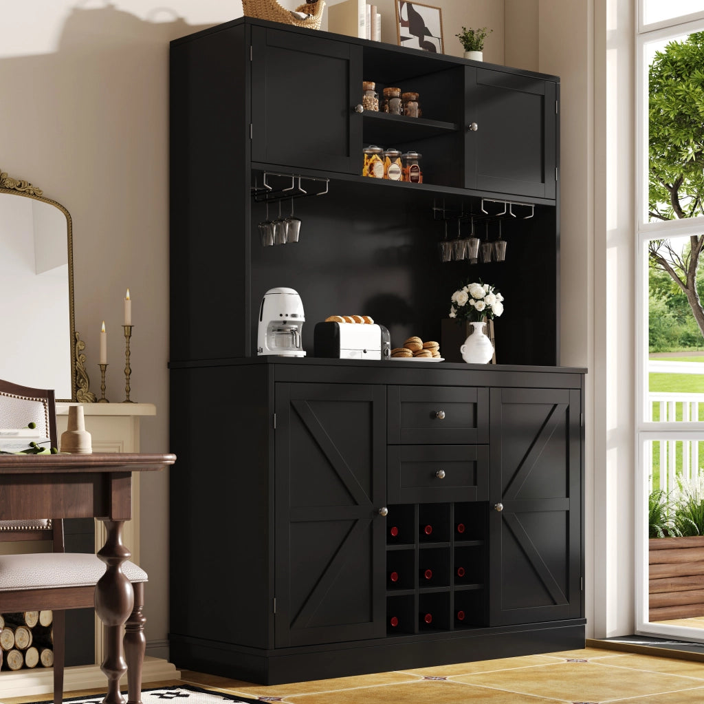 Credenza da cucina 120x40x188 cm con ripiani regolabili e portabottiglie in MDF nero