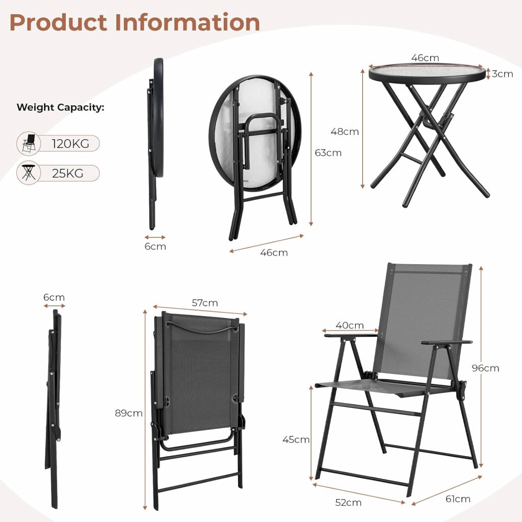 Set balcone 3 pezzi, Set Bistrot in metallo con 2 sedie pieghevoli e 1 tavolo pieghevole in vetro, Mobili da giardino pieghevoli,Gruppo di seduta per esterni per balcone piccolo,Nero