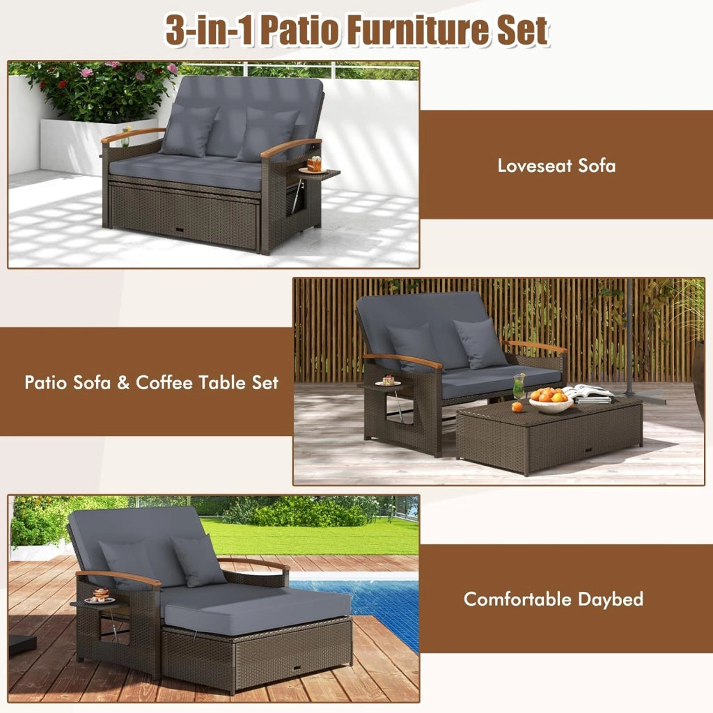 Divano da Giardino in Rattan a 2 Posti con Funzione Allungata, Set di Mobili in Rattan con Sgabello, Doppia Sedia a Sdraio per 2 Persone, 3 Colori (Cuscino Grigio)