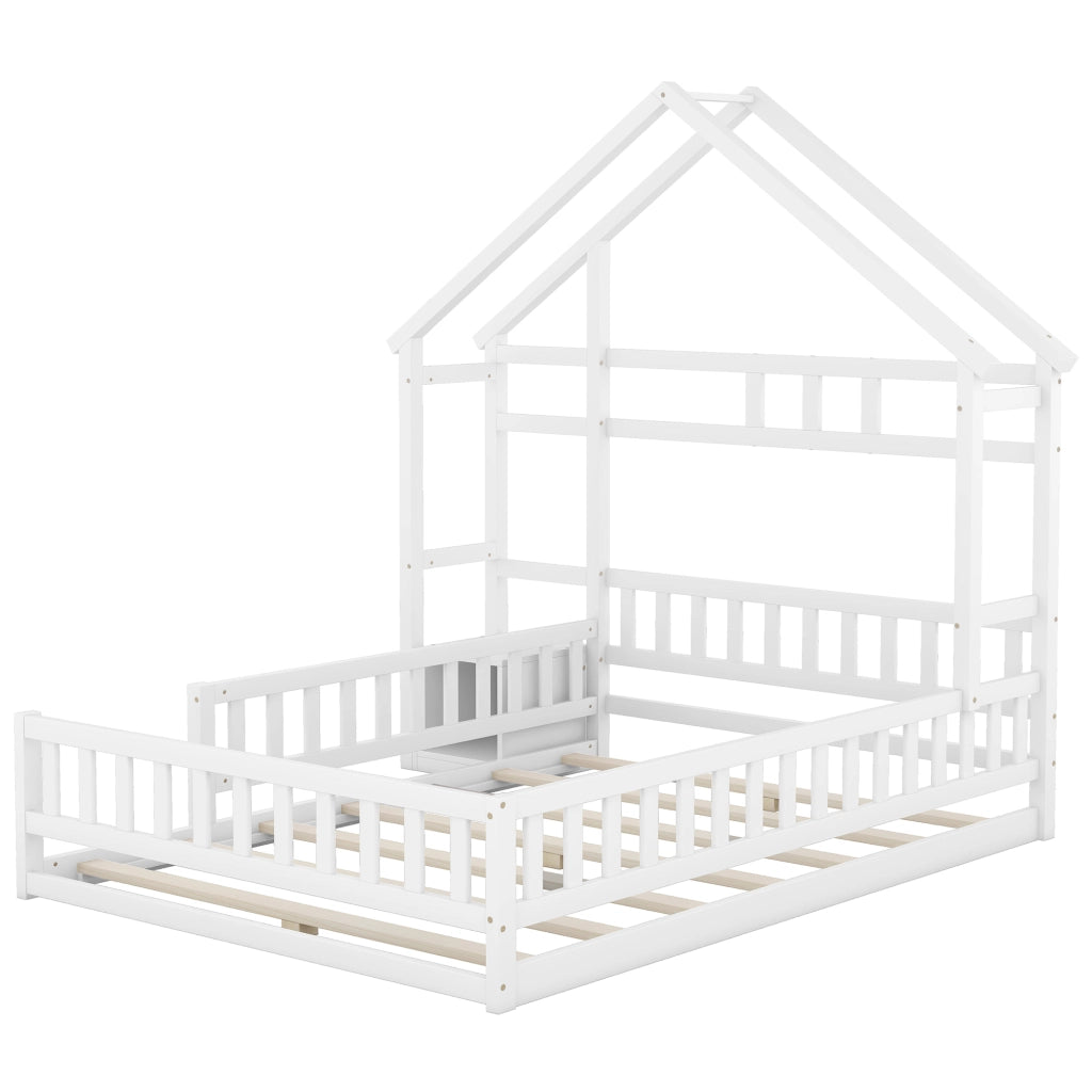 OKWISH Letto a Casetta 140×200 cm, Letto Matrimoniale con Sponda 31 cm e Comodino, senza Materasso, in Pino, Bianco
