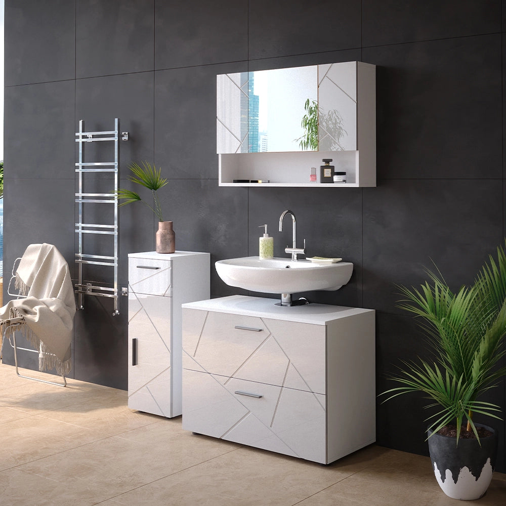 Vicco Set mobili bagno Bianco lucido 3 parti, con cassettiera e mobile midi