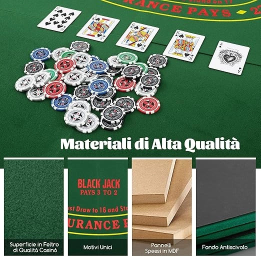 Tappetino da Poker Pieghevole 120 cm, Portatile con Borsa Portabicchieri e Vassoi per Fiches, Tappeto da Poker Antiscivolo, Verde