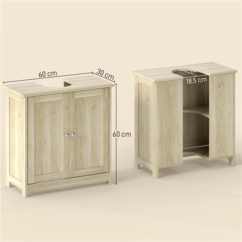 MOBILE SOTTOLAVABO A 2 ANTE CON RIPIANO REGOLABILE E INTAGLIO A U, 60X30X60 CM, ROVERE