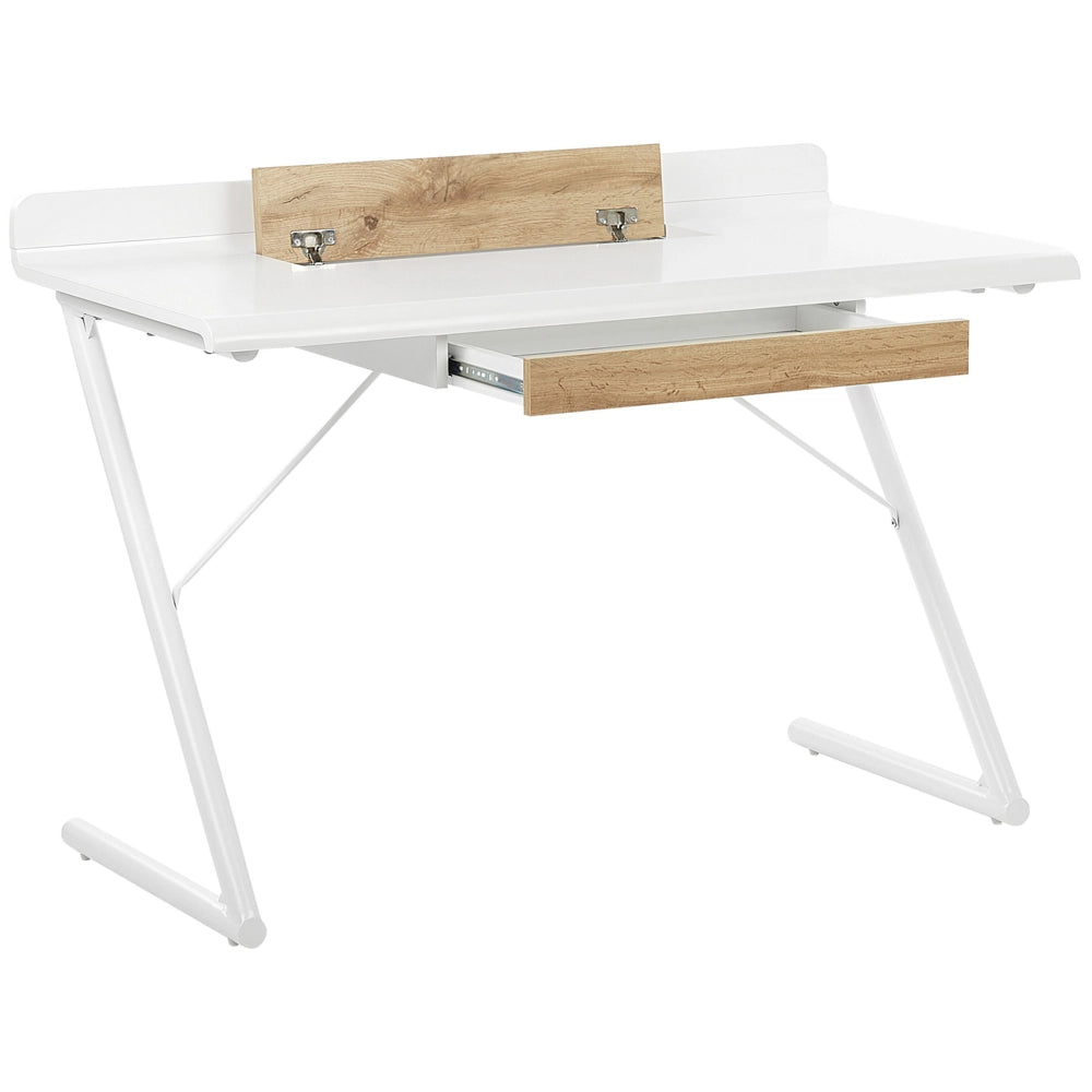 Scrivania da ufficio in MDF bianco e legno chiaro 120 x 60 cm con 1 cassetto gambe in metallo design scandinavo
