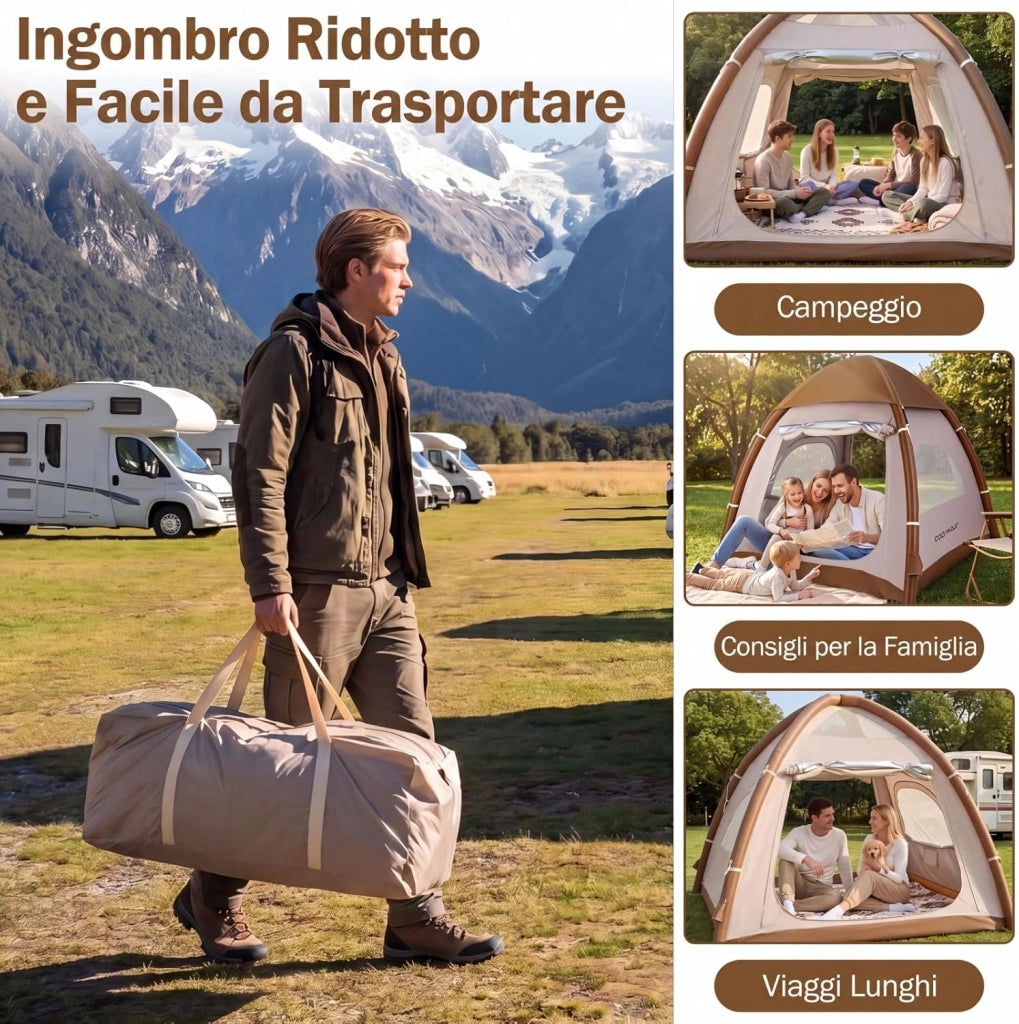 Tenda da Campeggio Gonfiabile per 4 Persone, Tenda da Spiaggia con Poma, 2 Porte, Lucernario e Finestre, in Tessuto Impermeabile, con Copertura Rimovibile e Borsa, 208 x 208 x 196 cm