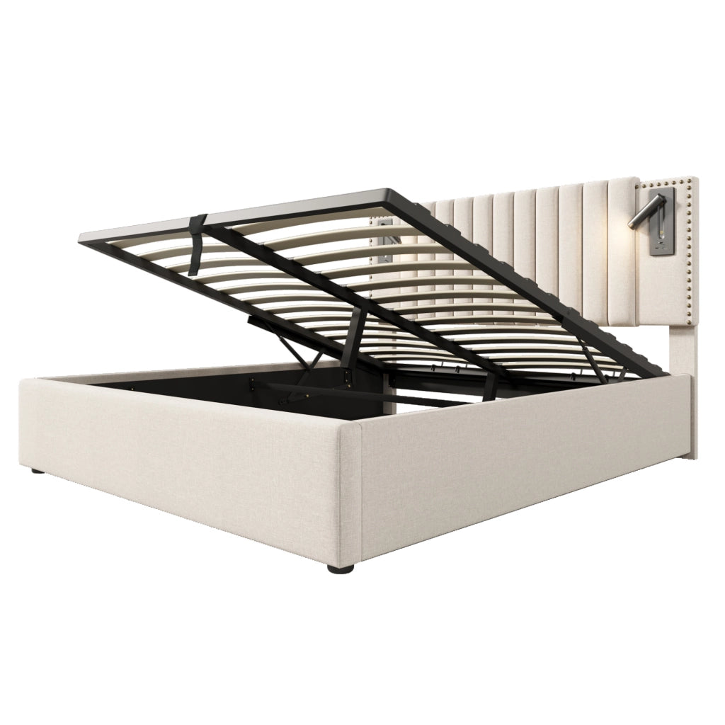 Letto matrimoniale 160x200 cm con contenitore; luce da lettura e USB; beige in cotone