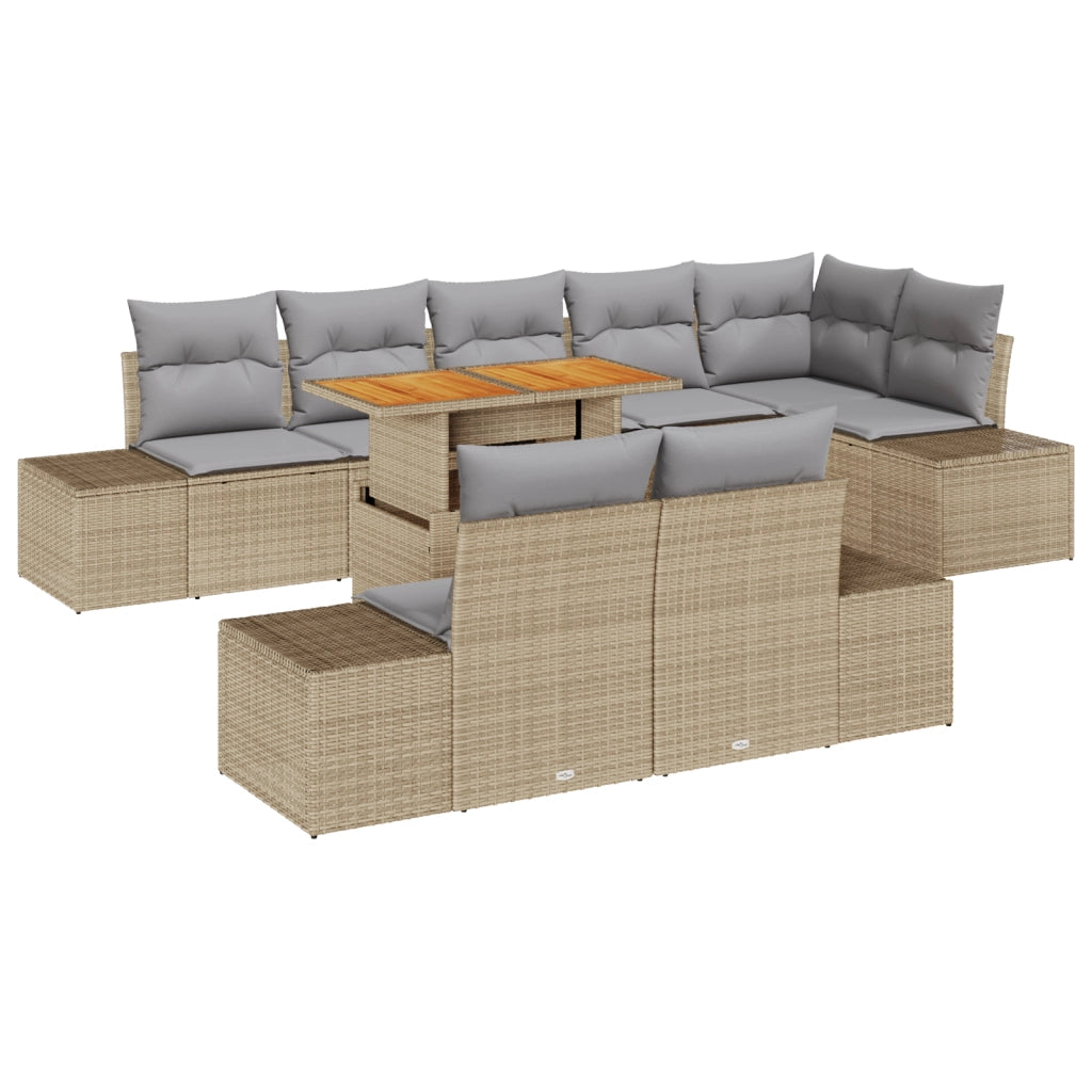 Set da Pranzo da Giardino a 9 Pezzi con Cuscini Beige Polyrattan Acacia