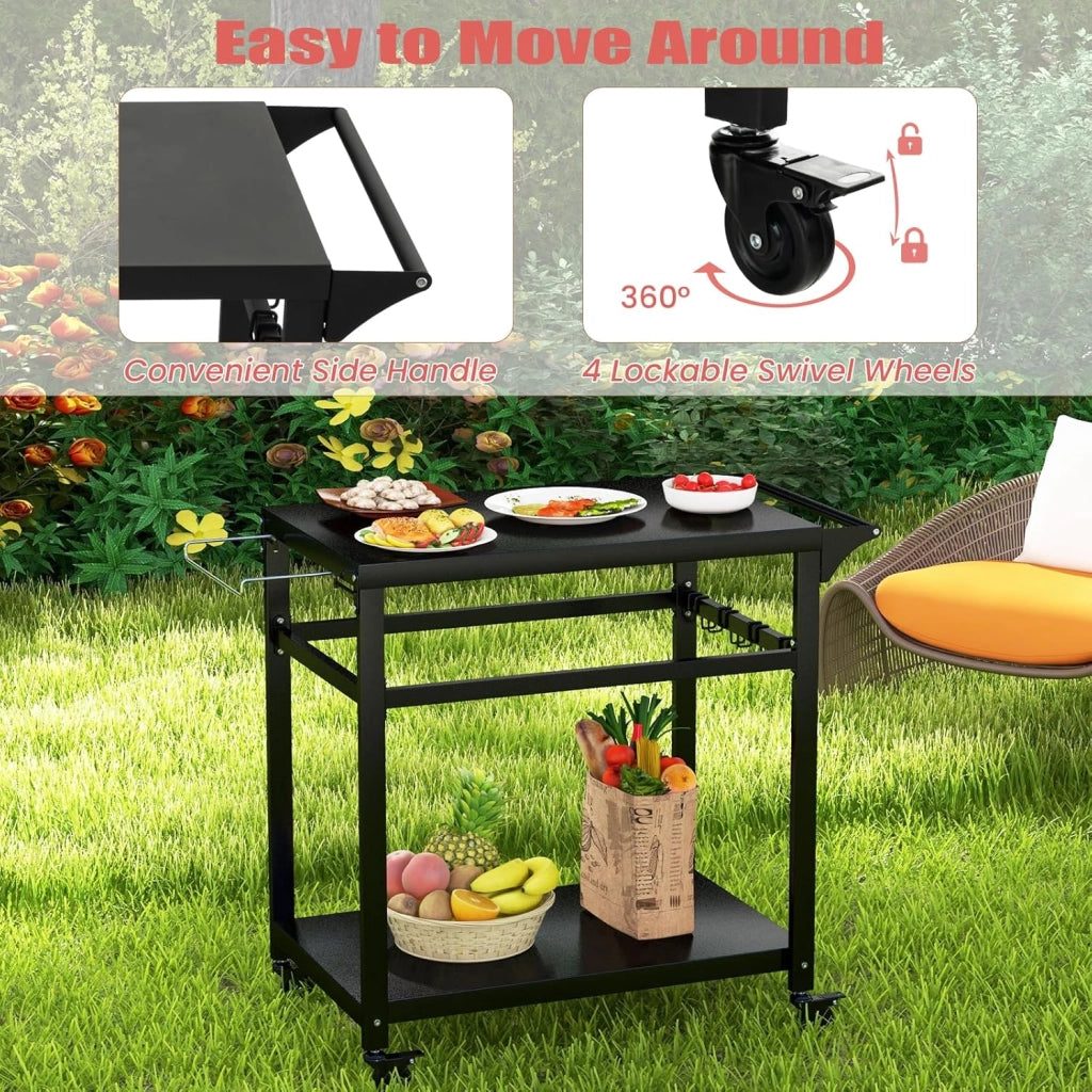 Carrello Barbecue con Ruote in Metallo, Carrello per Grigliare con Tavolo da Lavoro, 2 Ripiani e Ganci, Carrello da Pranzo per BBQ per Esterni, Nero
