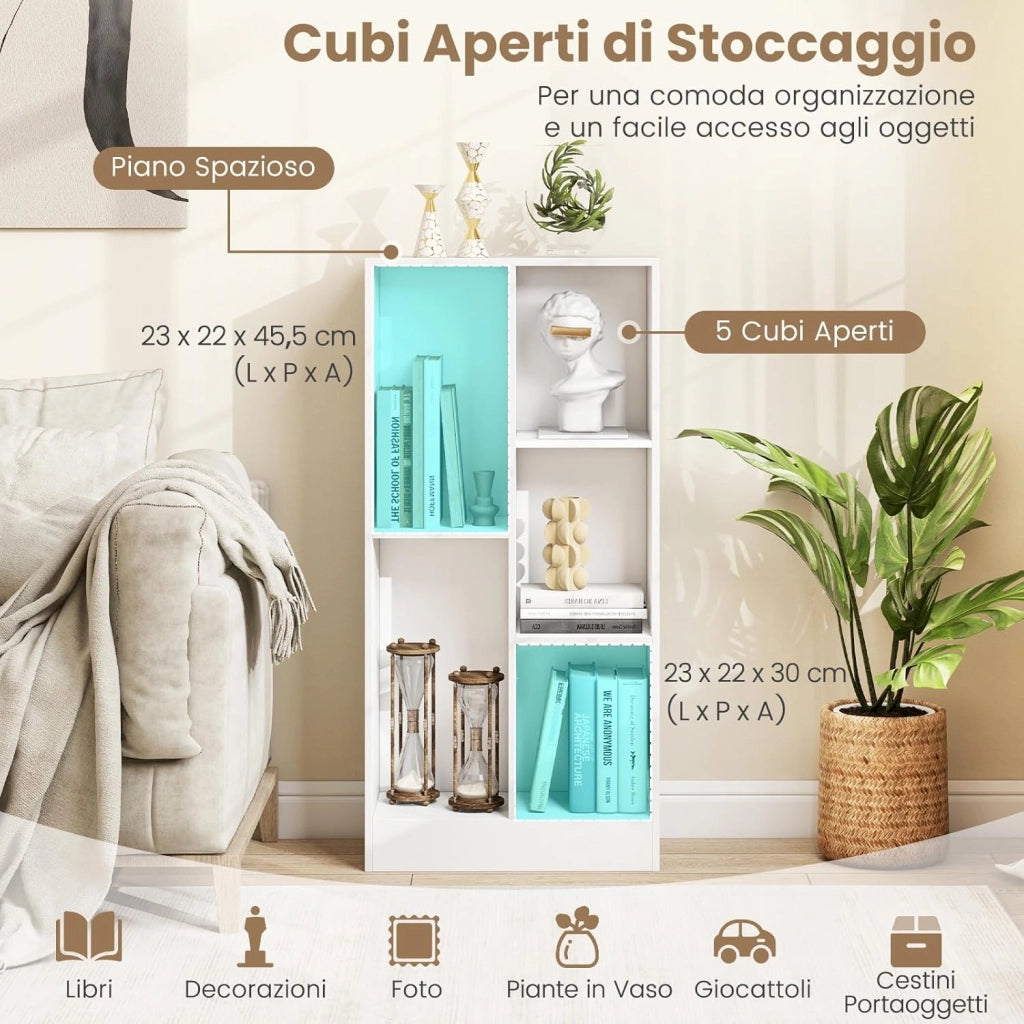 Libreria a 5 Cubi, Organizzatore di Stoccaggio Autoportante a 3 Livelli con 2 Kit Antiribaltamento, Mensola in Legno per Soggiorno Camera da Letto Ufficio, 50x24x104 cm