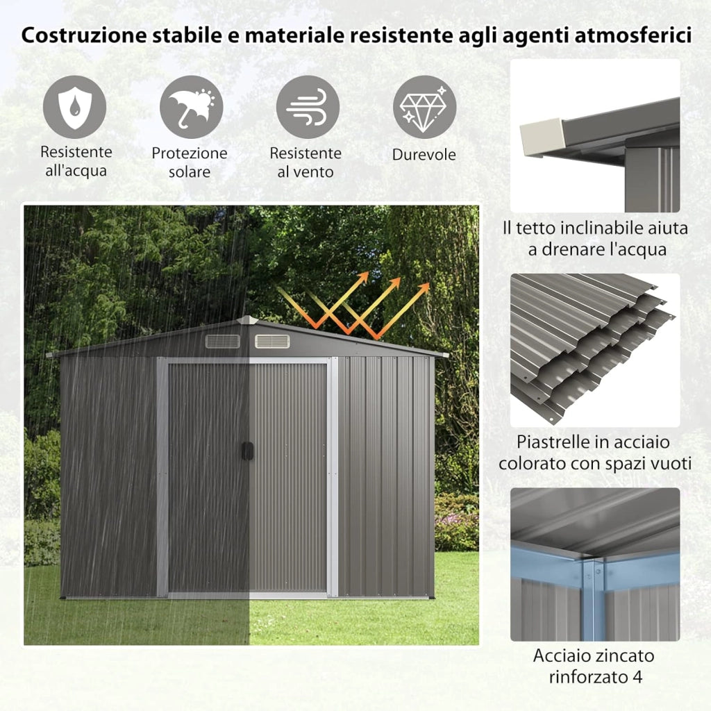 Casetta da Giardino per Attrezzi in Acciaio Zincato, con Base, Porte, Sfoghi, Maniglie e Tettoia, Capanno da Esterno per Giardino, Prato e Cortile, 260 x 207 x 180 cm, Grigio Chiaro