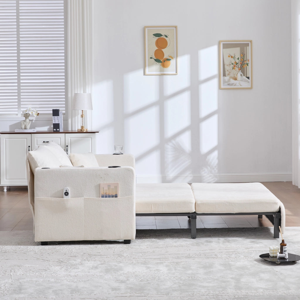 Divano letto in ciniglia beige con tasche laterali e 4 cuscini 139 × 83 × 58 cm