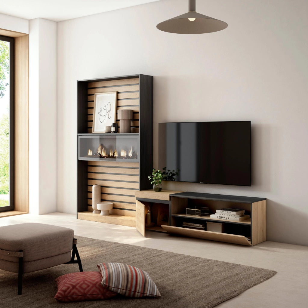 Mobile TV, Soggiorno, 260x35x186cm, Per TV fino a 65", Camino elettrico, colore Rovere e nero RF3158