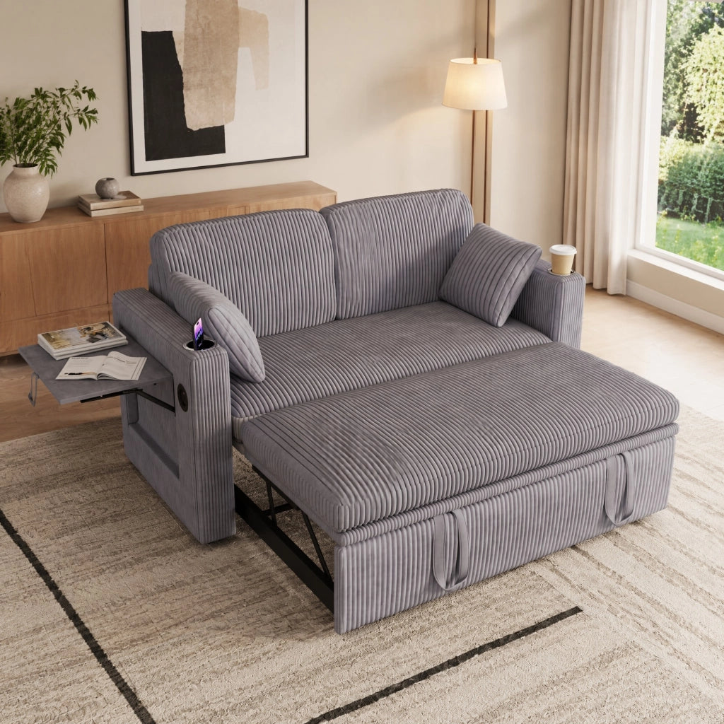 Divano Letto Convertibile 3 In 1 con Schienale Regolabile, Portabicchieri, Tavolino e Tasche, in Corda Grigio