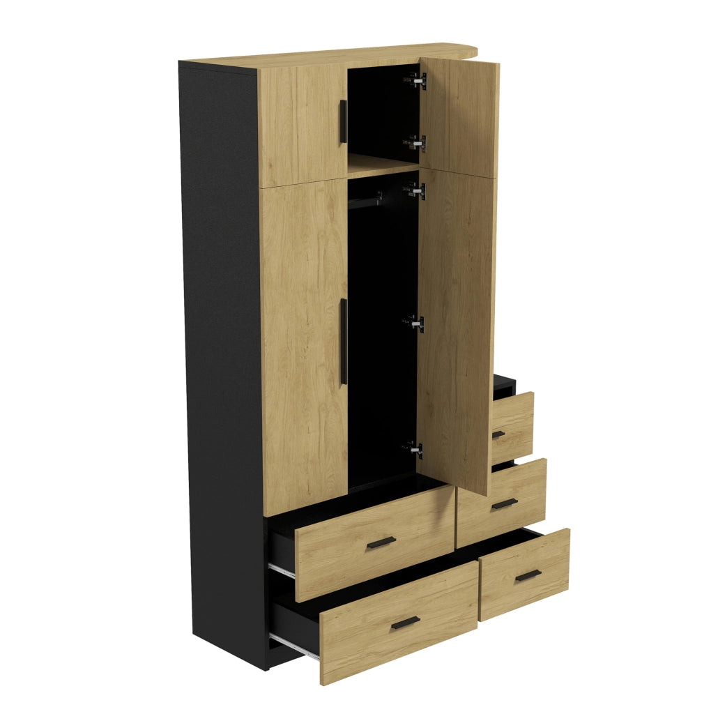 Armadio con 5 cassetti e barra appendiabiti 110 x 40 x 186 cm; naturale e nero