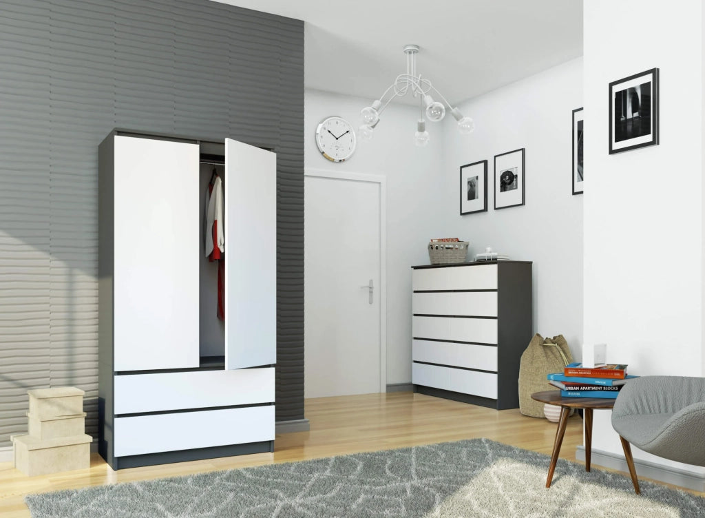 Armadio AKORD S90 Grigia Grafite 90 cm 2 ante 2 cassetti inserto frontale Bianco 90x51x180 cm