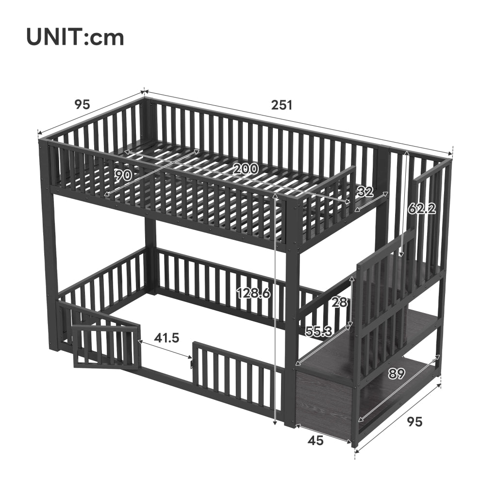 Letto a castello 90x200 cm con scala contenitore e LED, Nero