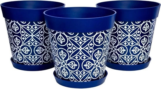 Set di Piantine in Plastica - Per Interno ed Esterno - 25cm di Diametro - 3 Scodelle 19cm di Diametro - Blu Marocco