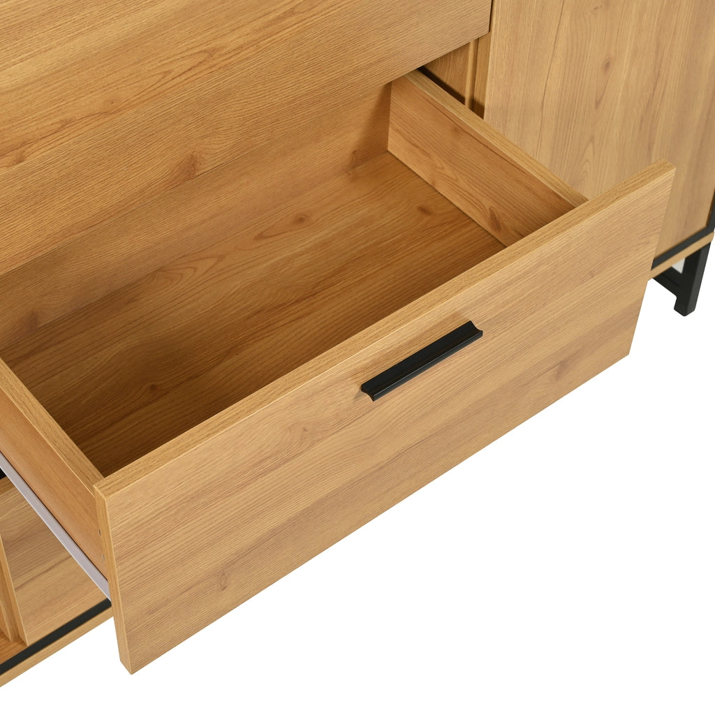 Credenza con 3 Cassetti e Vani; LED 16 Colori; Stile Moderno; in Pannello Truciolare; Naturale; 160¡Á40¡Á85 cm