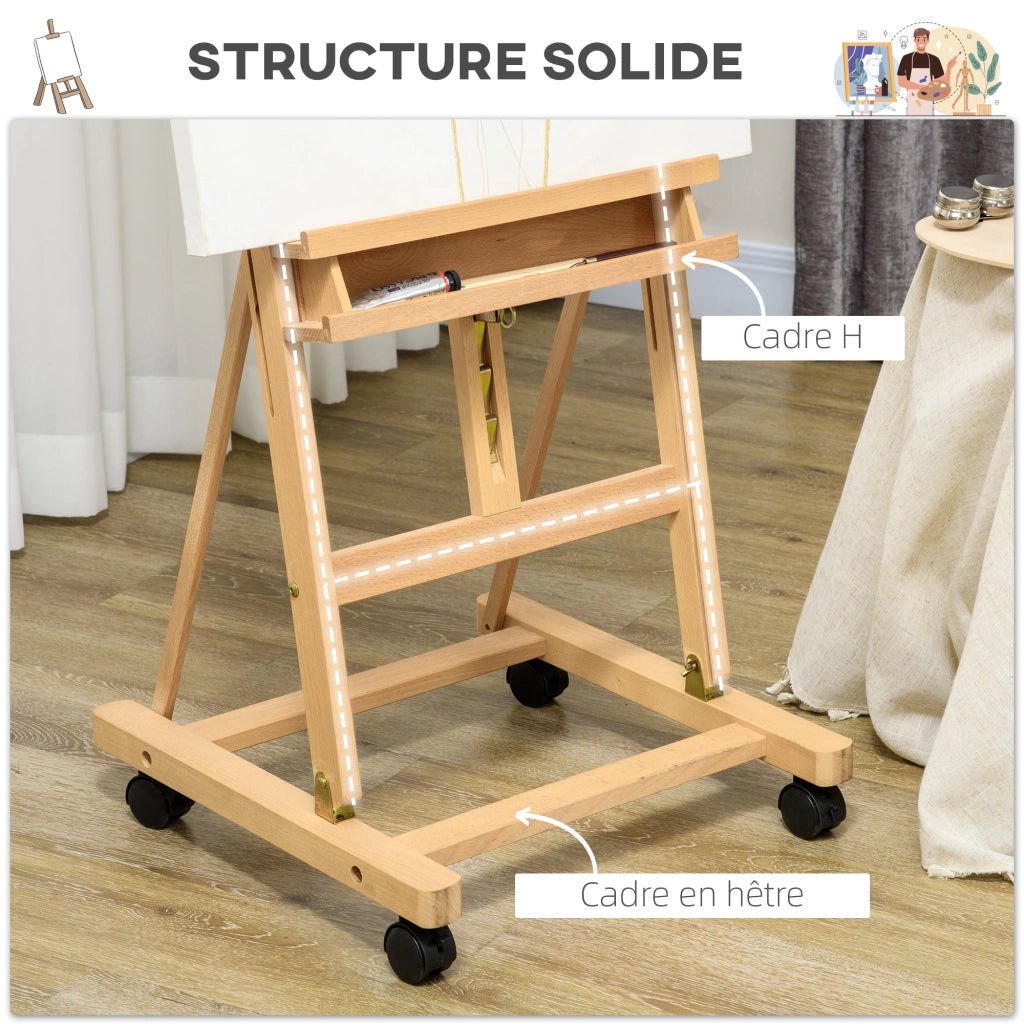 Cavalletto da pittura pieghevole con ruote in legno di faggio per tele fino a 118 cm ¨C Xylo ¨C legno naturale