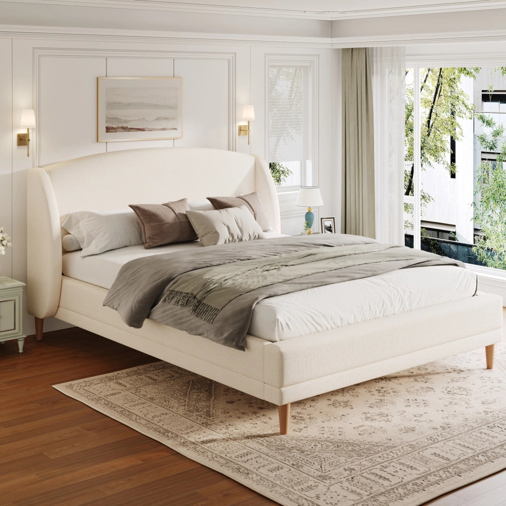 Letto imbottito in bouclé bianco con testiera wingback