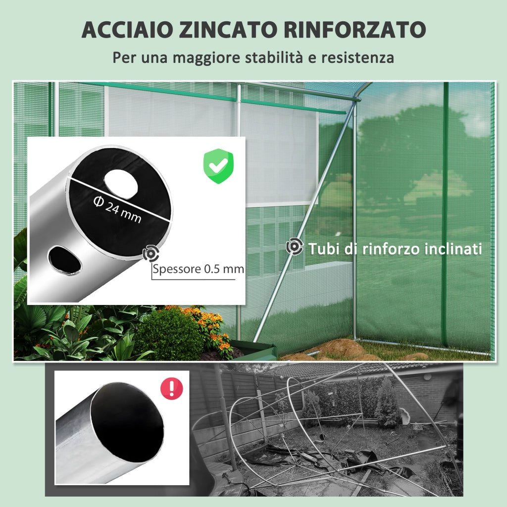 Serra a Tunnel con 3 Porte Avvolgibili e 6 Finestrelle, in Acciaio Zincato e PE, 6x3x2 m, Verde