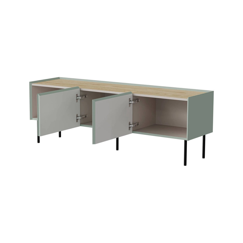 Mobile porta TV Calanna, Madia da salotto con tre ante battenti e tre vani interni, Rialzato da terra, 150x40 h52 cm, Verde e Rovere