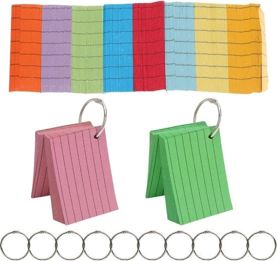 Cartelle index 1000 pezzi - 10 colori - cartelle con dizionario - cartelle index colorate con anello - cartelle di apprendimento portatili - descrivibili su entrambi i lati - flashcard per studio ufficio note
