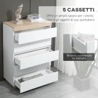 Cassettiera 5 Cassetti Minimal in Legno, 80x40x109 cm, Bianco e color Rovere