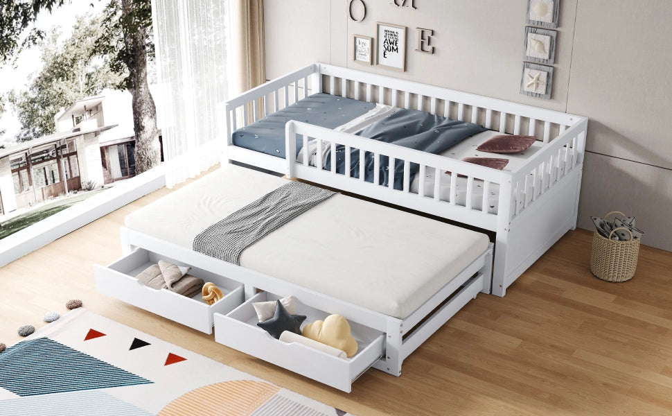 Divano letto in legno multifunzionale con letto estraibile, due cassetti e sponda di sicurezza bianca 90 × 200 cm