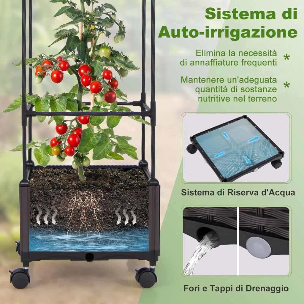 Fioriera con Grigliato per Piante Rampicanti, Letto Rialzato con Spalliera, Sistema di Auto-irrigazione, Altezza Regolabile e Ruote, Fioriera Verticale da Interno ed Esterno