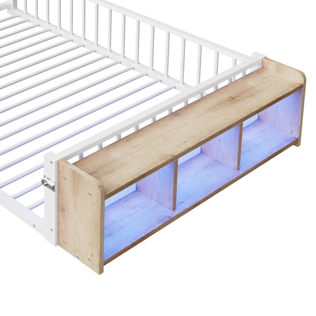 Letto per Bambini 140×200 cm; Letto Matrimoniale con Sponda; Vano Aperto e LED; senza Materasso; Bianco